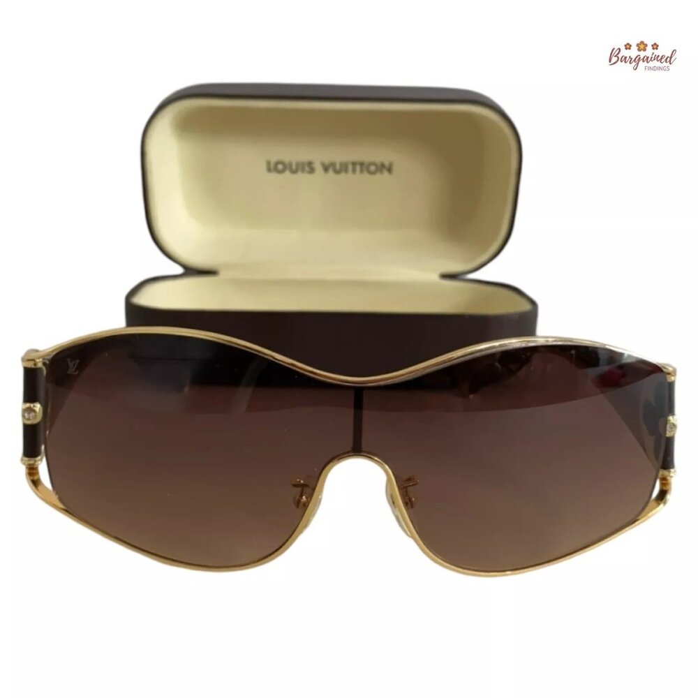 Auth LOUIS VUITTON Brown Gold Speckling Metal Frame Oversized Lens Sunglasses